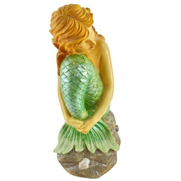 Mermaid Figurine Sitting on Rock Shells Iridescent Green Tail Statue 12 inch - Picture 4 of 10